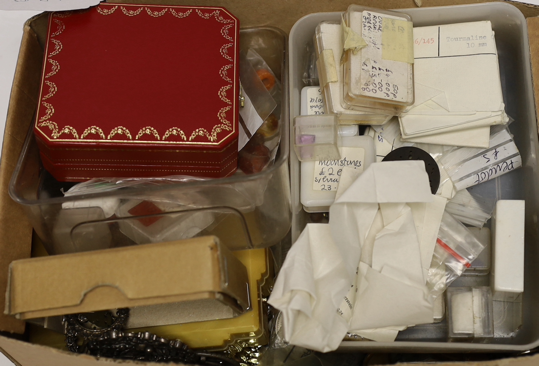 A quantity of assorted costume jewellery including paste set, together with assorted coins and loose stones.